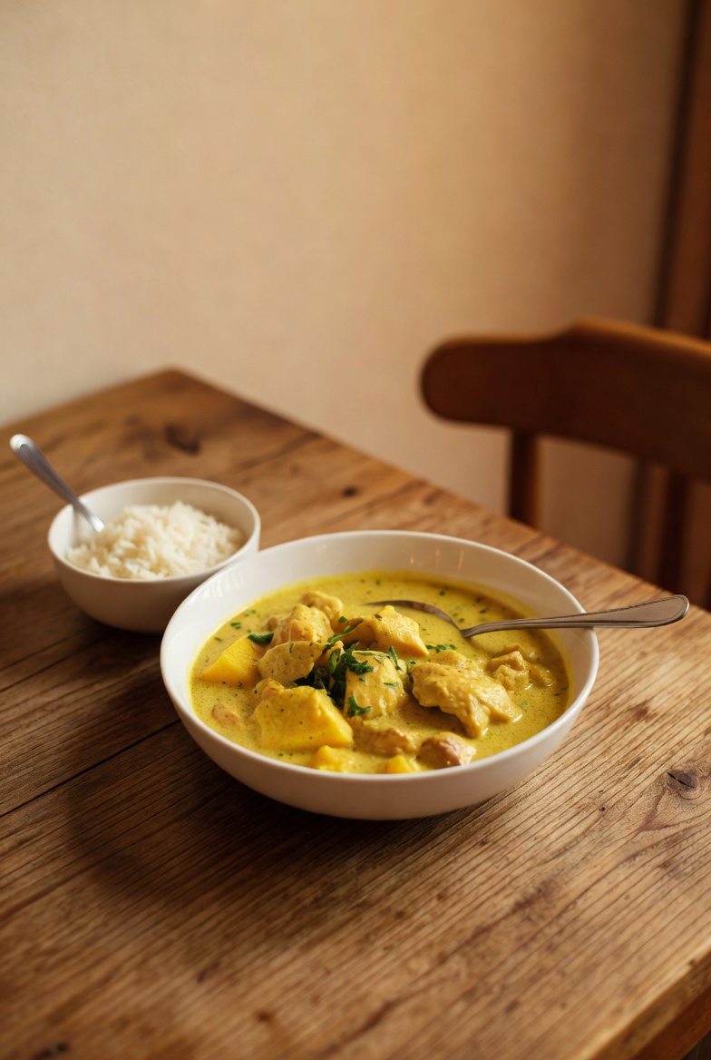 Poulet coco au curry avec riz blanc